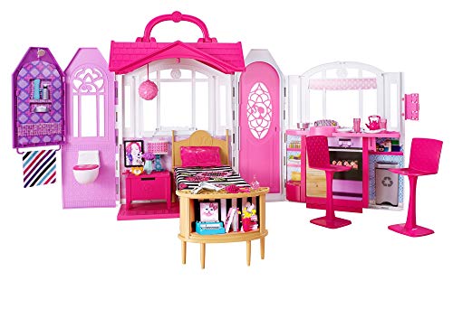 Barbie CHF54 - Glam Ferienhaus, portables Puppenhaus mit 3 Zimmer, 20+ Zubehrteile, ca. 76 cm breit mit Tragegriff, Mdchen Spielzeug ab 3 Jahren